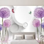 Papier peint – Fleurs sphériques violettes et cercles blancs