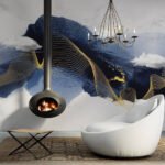 Papier peint – Vagues bleu nuit, blanches et dorées