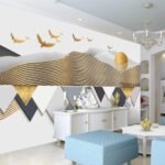 Papier peint – Vagues et triangles dorés avec oiseaux