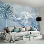 Papier peint – Éléphant et palmier en paysage bleu