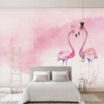 Papier peint – Flamants roses sur fond aquarelle