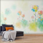 Papier peint – Fleurs multicolores sur fond aquarellé clair