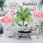 Papier peint – Flamants roses et palmiers sur fond graphique