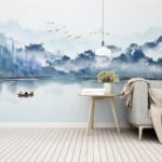 Papier peint – Montagnes bleues et paysage aquatique