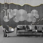Papier peint – Sphères argentées et lignes verticales