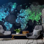 Papier peint – Taches turquoise et vertes sur hexagones sombres