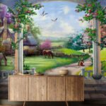 Papier peint – Jardin fleuri et paysage champêtre