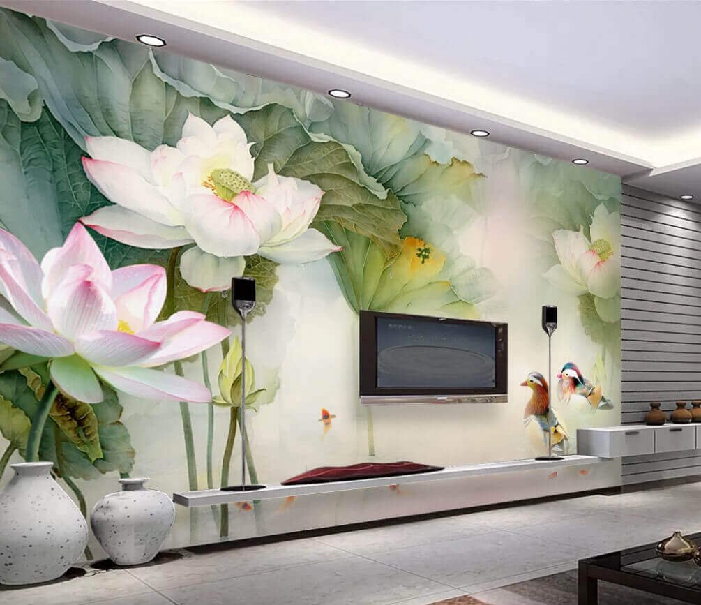 u10109pig1m.jpg Papier peint – Lotus blancs et roses et feuilles vertes – Image 1