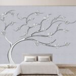 Papier peint – Arbre blanc sculpté sur fond gris