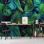 Papier peint – Feuillage tropical multicolore sur fond noir