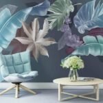 Papier peint – Feuilles tropicales bleues sur fond sombre