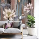 Papier peint – Fleurs blanches et roses sur bois patiné