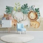 Papier peint – Lion, éléphant et girafe en aquarelle