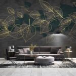 Papier peint – Feuilles dorées au trait sur fond bleu nuit