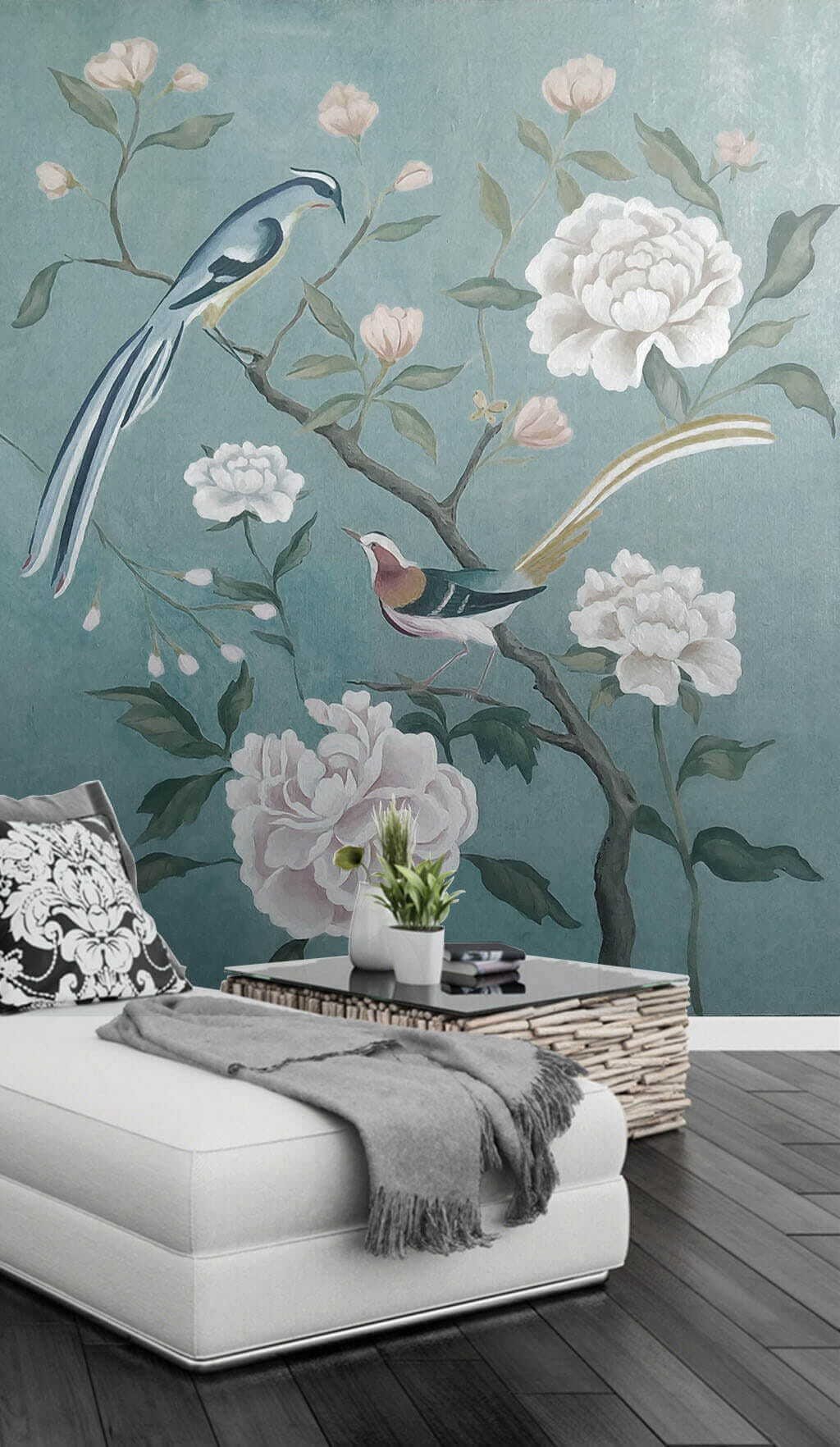 u14296pig2m.jpg Papier peint – Fleurs blanches sur fond bleu doux – Image 1
