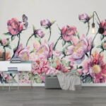 Papier peint – Bouquet de fleurs roses au trait noir