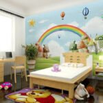 Papier peint – Arc-en-ciel et montgolfières dans un jardin