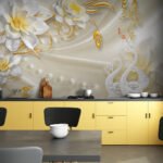 Papier peint – Paon blanc et fleurs dorées