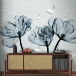 Papier peint – Fleurs bleues en transparence sur fond blanc