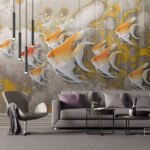 Papier peint – Poissons orange et blancs en relief