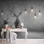 Papier peint – Cerf et arbre en noir et blanc