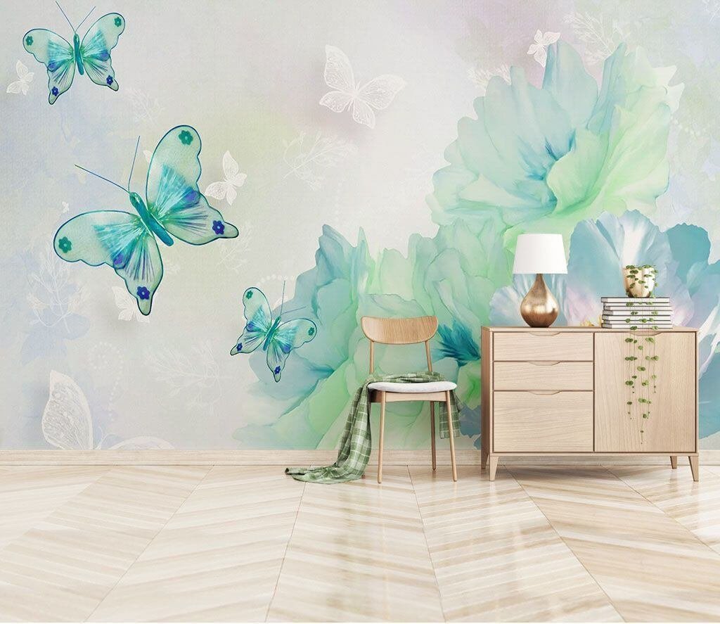 u17716pih1m.jpg Papier peint – Papillons turquoise sur fond pastel – Image 1