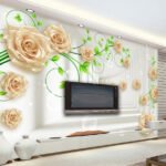 Papier peint – Roses crème et ornements verts en relief