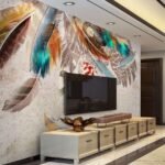 Papier peint – Plumes brunes et turquoise en relief