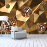 Papier peint – Facettes dorées et sphères décoratives
