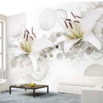 Papier peint – Lys blancs et arabesques grises