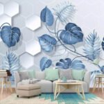 Papier peint – Feuilles bleues et hexagones blancs