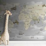 Papier peint – Carte du monde beige sur fond gris