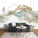 Papier peint – Montagnes abstraites turquoise et dorées