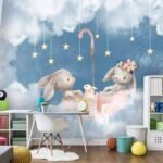 Papier peint – Lapins sur un nuage étoilé