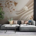 Papier peint – Rose crème et rubans en relief