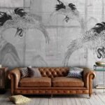 Papier peint – Grues et paysage japonais en noir et blanc