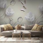 Papier peint – Fleurs blanches et branches fines sur fond vert