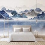 Papier peint – Montagnes bleues et lac en aquarelle