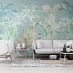 Papier peint – Feuillage tropical sur fond bleu doux