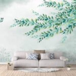 Papier peint – Branches vertes sur fond blanc patiné