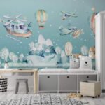 Papier peint – Avions et montgolfière dans un paysage bleu