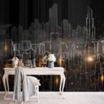 Papier peint – Ville au trait lumineux sur fond noir