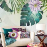 Papier peint – Feuilles tropicales et fleurs colorées