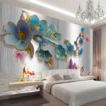 Papier peint – Fleurs bleues et roses effet relief