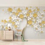 Papier peint – Arbre fleuri blanc et jaune en relief