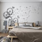 Papier peint – Envol de graines de pissenlit en noir et blanc