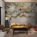 Papier peint – Roses blanches et touches dorées