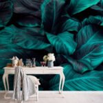 Papier peint – Feuilles tropicales turquoise sur fond noir