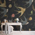 Papier peint – Oiseaux et fleurs sur fond noir