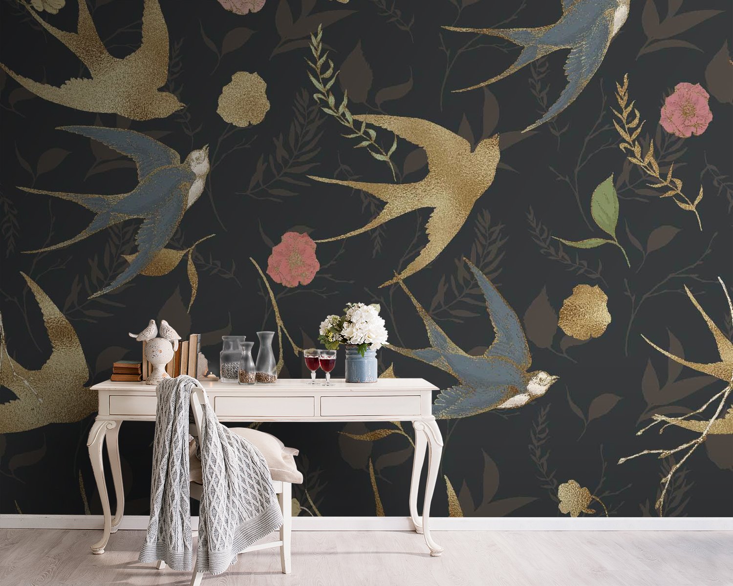 u32798pig5m.jpg Papier peint – Oiseaux et fleurs sur fond noir – Image 1